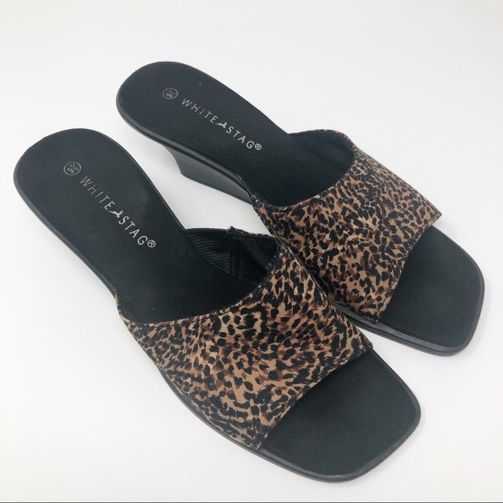 Vintage White Stag Sandals Womens 9.5 Y2K Animal Print Square Open Toe Wedges